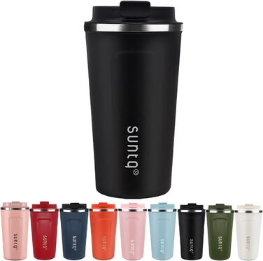 Термокружка для кави з нержавіючої сталі SUNTQ - 510 мл, з подвійними стінками, ізольована, з кришкою, що не протікає, багаторазова (Чорний)