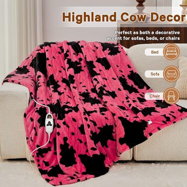 Електрична грілка з принтом корів, подвійний розмір 157x213 см, фіолетовий колір, 10 режимів нагріву, автоматичне вимкнення через 8 годин, флісова/шерпа, для жінок, подарунок
