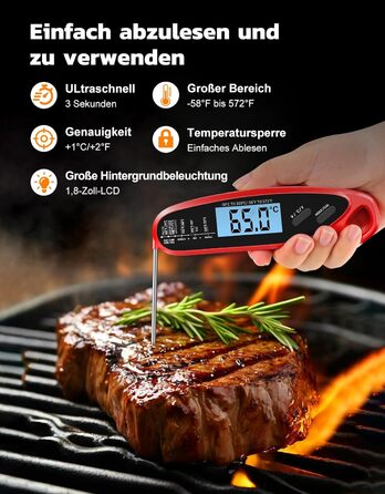 Термометр для м'яса Babacom з миттєвим відображенням та двома зондами, великим екраном, налаштуванням тривоги та калібруванням. Підходить для приготування на грилі, в духовці, для цукру та рідин.