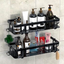 Полка для душу без свердління, 2 шт. Алюмінієва полиця для душу, нержавіюча сталь, кошик для душу з 6 клейкими поверхнями та 4 гачками, чорний колір. Підходить для ванної кімнати, кухні.