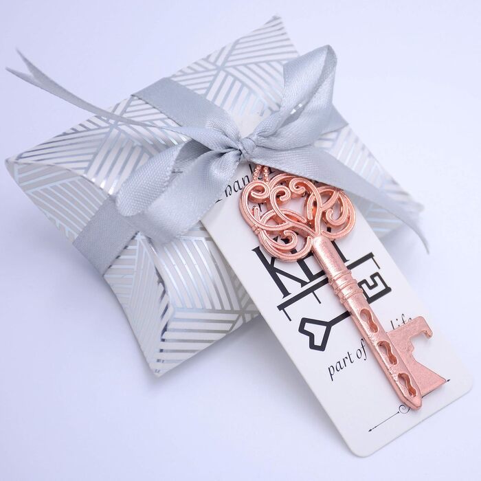 Makhry 50 Pcs Vintage Key Bottle Openers Wedding Key Skeleton Key Bottle Openers Wedding Favors Set with Pillow Boxes and Label (Rose Gold)