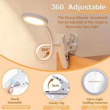 LED лампа для читання Akynite з акумулятором, 5 кольорів та 5 рівнів яскравості, кріпиться на ліжко, дитяча лампа для пеленального столика, біла