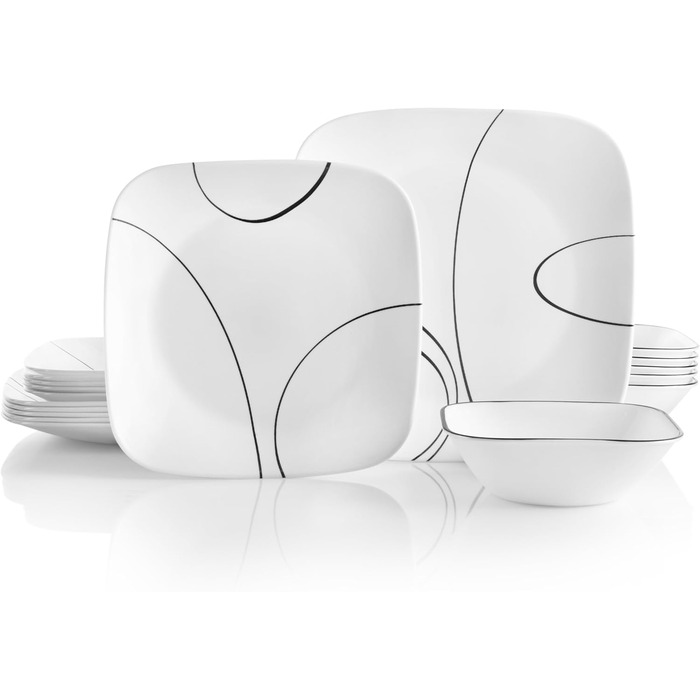 Corelle Tafelservice 18-teilний чорно-білий для 6 осіб, стійкий до сколів, включає великі тарілки (26 см) та салатові/гарнірні (17 см), Simple Lines