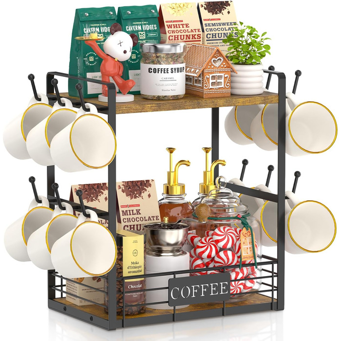 EsLuker.ly 2-Tier Mug Rack Stand for Countertop, 12 Hook Mug Shelf Wall with Storage Basket, Metal Wood Mug Stand Mug Organizer for Coffee Bar Kitchen, Vintage Brown-Black