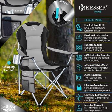 Крісло кемпінгове складне KESSER® до 150 кг, з підлокітниками, високою спинкою, сіре/чорне. З підсклянником та сумкою