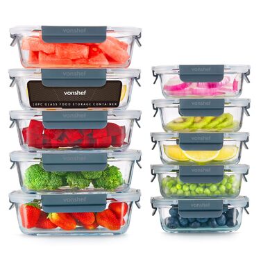 Набір контейнерів VonShef для зберігання їжі (10 шт.) – 1050 мл та 370 мл, придатні для духовки та мікрохвильової печі, миючі в посудомийній машині, герметичні та витікання, ідеальні для приготування їжі на тиждень