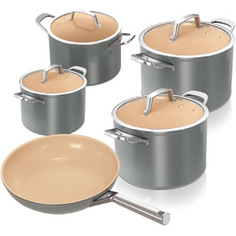 Ninja Extended Life Ceramic Cookware Set - 5 Piece (20 & 24 inch Saute Pans + 16, 18 & 20 inch Pots with Lids), Non-Stick (PFOA, PFOS Free), Oven Safe, Grey & Terracotta