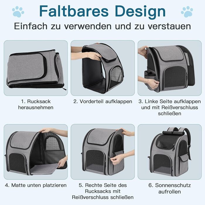 Рюкзак для тварин до 10 кг з сіткою, дихаючий та легкий, з внутрішнім шнуром безпеки та килимком (сірий)