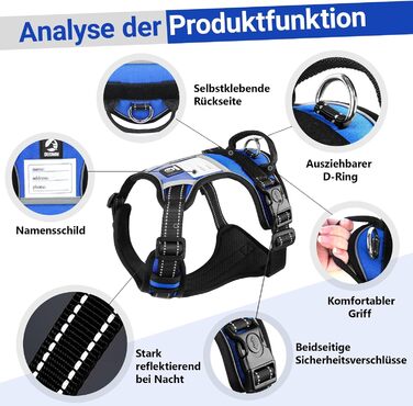 Нашийник для собак великих порід з ручкою, не тягне, дихаючий, з підкладкою, безпечний, світловідбиваючий, з поводом, для тренувань та активного відпочинку, блакитний