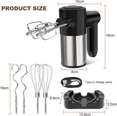 Бездротовий міксер з цифровим дисплеєм, 7 швидкостей, акумуляторний, з 6 насадками з нержавіючої сталі (міксер, вінчик, гачок для тіста) та підставкою для зберігання