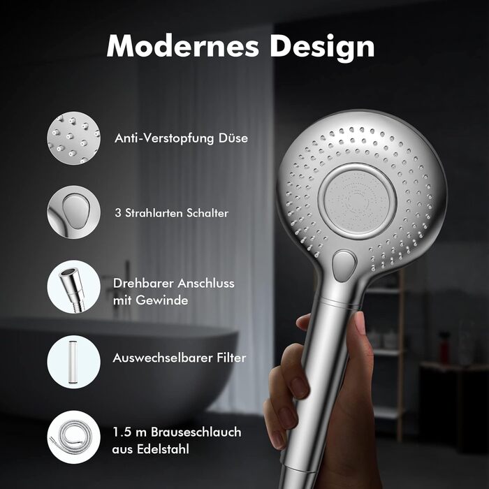 Showerhead with Filter MEKO High-Pressure Hand Shower with 15-Layer Filtration, 1.5M Hose, 3 Spray Patterns, Water-Saving Showerhead for Removing Hard Water, Residual Chlorine, Bacteria, and Heavy Metals