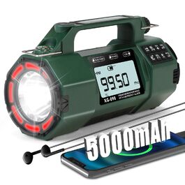 Радіоприймач аварійний з сонячною панеллю та ручним заводом, 5000mAh, AM/FM/SW/NOAA, будильник, компас, зарядний пристрій для телефону, зелений (хакі)