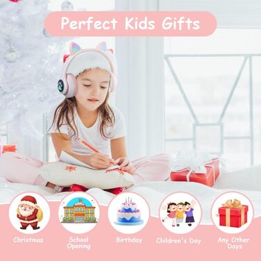 Дитячі навушники AXFEE з Bluetooth, Over-Ear, котячі вушка, LED-підсвітка, мікрофон, Micro SD/TF, рожеві