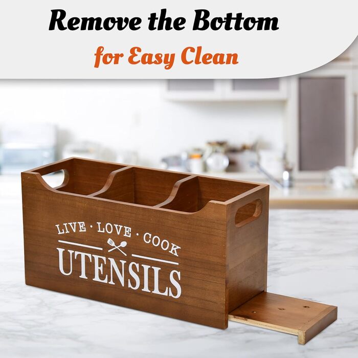 Karisky Kitchen Utensil Holder with Drainage Bottom, Large 3-Compartment Solid Real Wood Utensil Organizer for Countertop, Cooking Tools for Farmhouse Kitchens, Brown