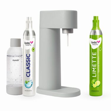SodaTASTE Mysoda Woody – карбонізатор води з деревного композиту з пляшкою 1л без BPA + 2 CO2 циліндри (класичний + лайм, сірий)
