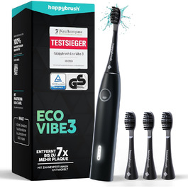 Електрична звукова зубна щітка happybrush® Eco Vibe 3 - Тест-переможець - 100 днів тестування. В комплекті 4 насадки. Чорний колір.