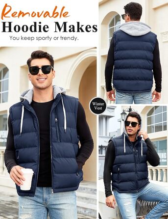 Чоловіча степна жилетка Vancavoo з капюшоном, тепла зимова жилетка для активного відпочинку, спортивна жилетка, перехідна куртка (темно-синій, L)