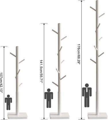 YMYNY Solid Wood Wardrobe Rack, Thickened Square Base, Tree-Shaped Clothes Rack, 3 Adjustable Heights, 8 Hooks, Freestanding, Sturdy, for Bag, Clothing, Living Room, White HCR002W