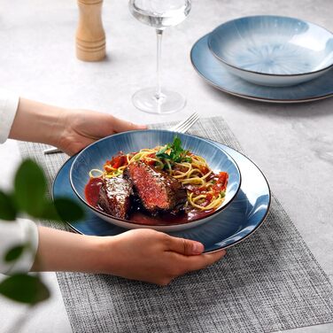 Тарілки для пасти NUTRIUPS 20.5 см, 6 шт. Керамічні тарілки для супу 500 мл, 8 дюймів, мікрохвильова та посудомийна машини, блакитні, набір