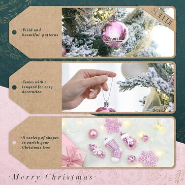 SOLEDI® Набір з 128 штучок преміум ялинкових прикрас - кульки з пластику білого кольору з зіркою на верхівку. Міцний та безпечний набір ялинкових прикрас з гачками. Ялинкові кульки кольорові, багаторазовий декор на Різдво (рожевий)