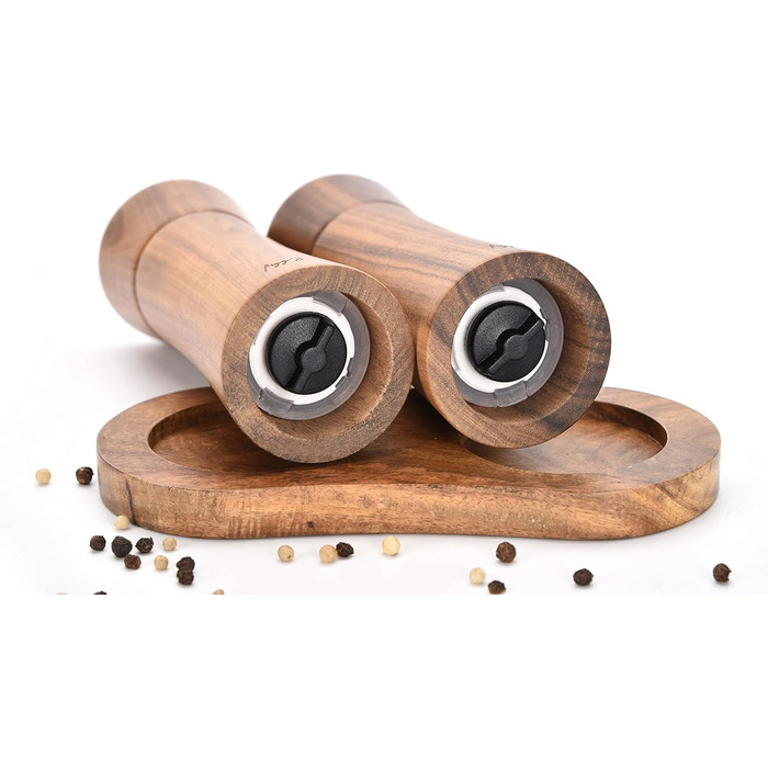 figg Salt and Pepper Grinder Wood Small (15.5 cm) - Set - Spice Grinder with Ceramic Grinder including Wooden Spoon and Wooden Coaster - Suitable as a Pepper and Salt Grinder