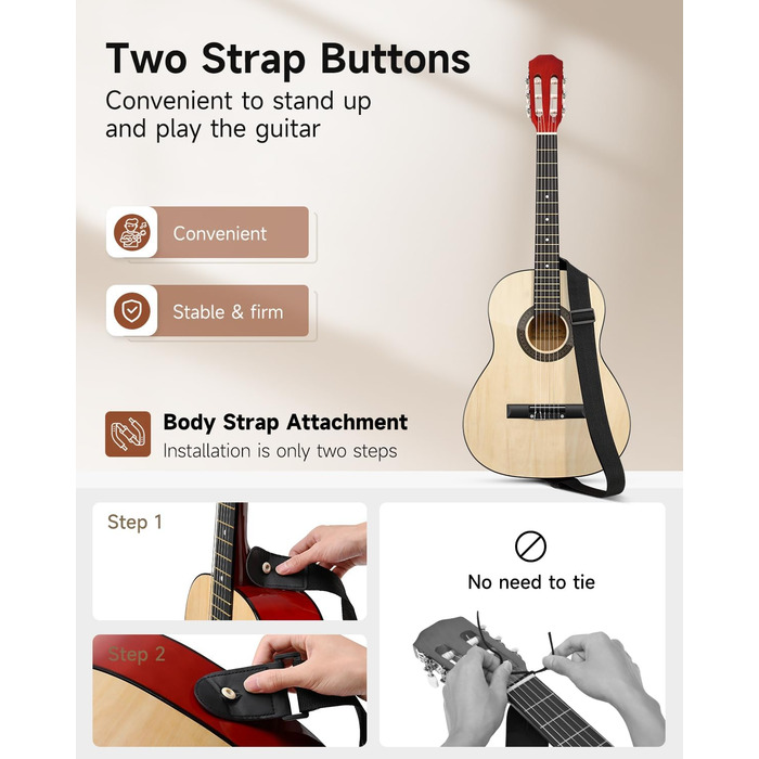 Акустична гітара Moukey для початківців, дітей, підлітків та дорослих, Cutaway, повний комплект з тюнером, мешком, медіатором та нейлоновими струнами (36 дюймів, натуральний колір)