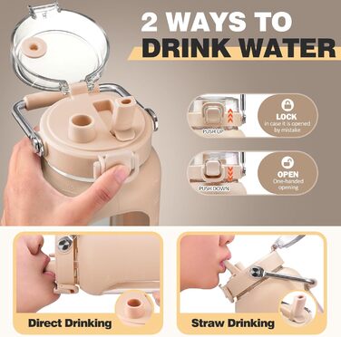 1900ml Glass Drinking Bottle with Straw and Stainless Steel Handle, Glass Water Bottle with Silicone Sleeve and Time Marker, Monitor Your Daily Water Intake 2 Liter, Light Green (Amber)