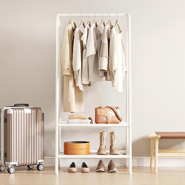 Robust metal clothes rack with double shelves for hanging clothes. Freestanding portable metal clothes rack, 62 L x 35 W x 157.5 H cm. Space-saving, Gold (White)