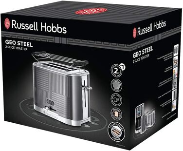 Russell Hobbs Toaster [for 2 slices] Geo Stainless Steel Grey (extra wide toast slots, including bun warmer, 6 browning levels + defrost & reheat function, Quick Toast Technology, 1640W) 25250-56