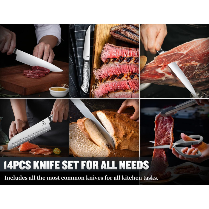 Dragon Riot 14-Piece Self-Sharpening Knife Set with Block - Professional Japanese Stainless Steel Kitchen Knives, Ergonomic Grip, 30cm