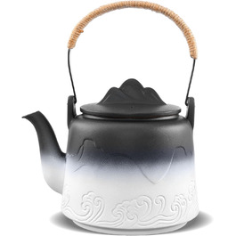 ZENS Design Japanese Teapot, 1000ml Gradient Embossed Japanese Teapot Ceramic with Built-in Strainer and Hemp Rope Handle for Loose Tea Steeper, Gift for Tea Lovers, Black & Bean Green (Black & White, 1000ml Teapot)