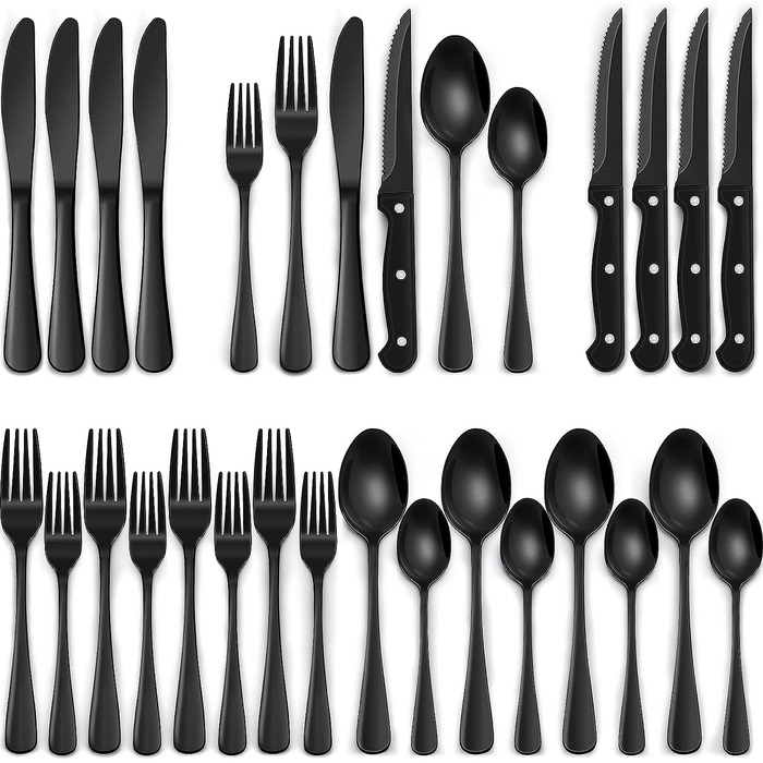 Cutlery Set 6 Persons Black, 36-Piece Stainless Steel Cutlery Set with Steak Knives, Dining Cutlery Set with Knife Fork Spoon, Elegant Tableware for Restaurant/Party, Dishwasher Safe