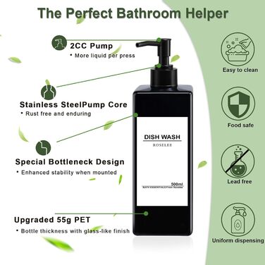Набір дозаторів для мила Roselee (4 шт.), 500 мл, чорний. Дозатори для душу, шампуню, мила. Пластикові дозатори з воронкою та вологостійкими етикетками для кухні, ванної кімнати.