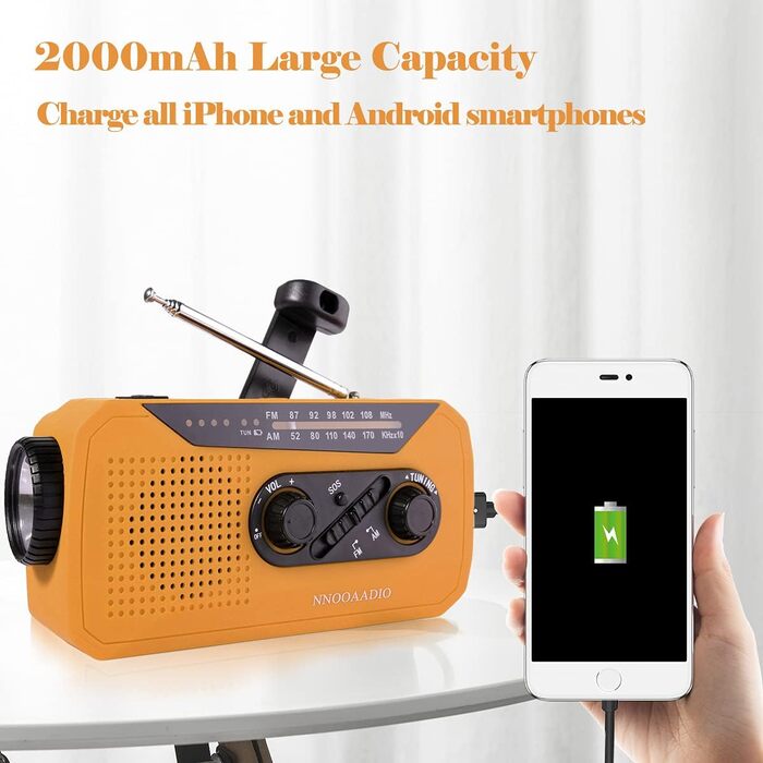 Радіо Solar-Radio з ручним генератором, AM/FM, погода, ліхтарик, SOS, 2000 mAh, Powerbank, навушник, для надзвичайних ситуацій та активного відпочинку, помаранчеве
