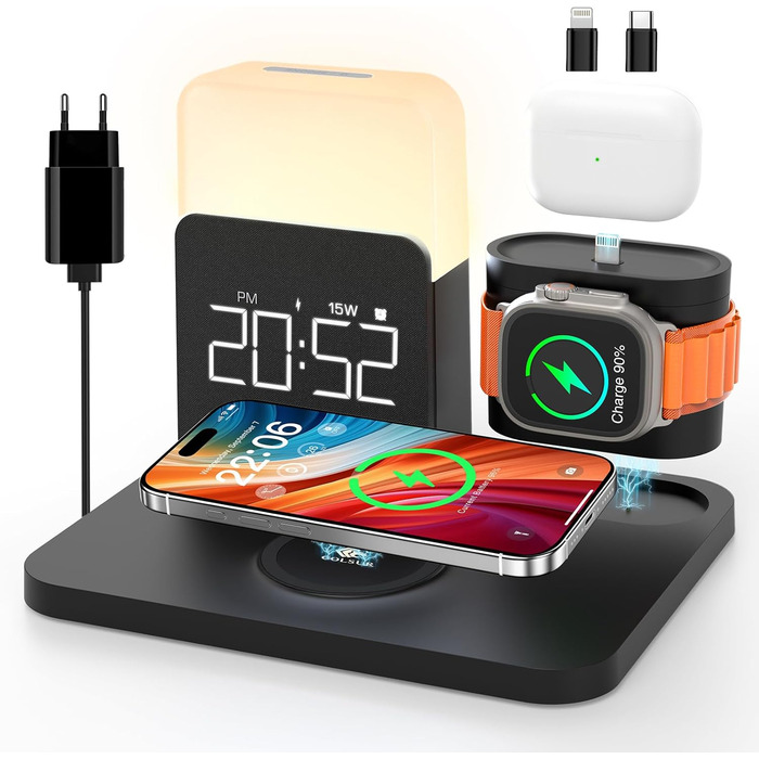 Бездротова зарядна станція 3-в-1 COLSUR для iPhone, Apple Watch, AirPods, 15W, нічна лампа з годинником, чорна