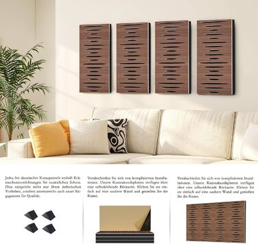 Акустичні панелі JBER для звукоізоляції стін, самоклеючі шумопоглинаючі плити з імітацією темного горіха (еліптичний візерунок), 60×30×4.5 см, 4 шт — для студії та дому