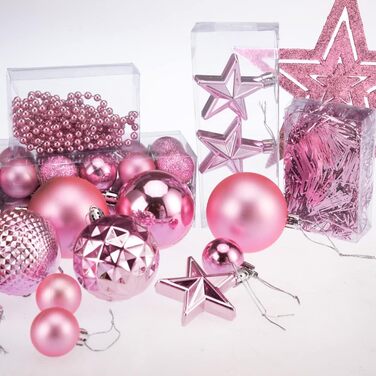 DEUBA® Новорічні кулі 66 шт. Ø 3-6 см, пластик, матові/глянцеві, прикраси для ялинки, новорічний декор (Рожевий)