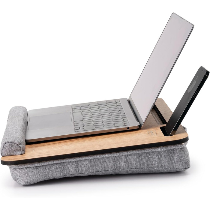 Підставка для ноутбука Vigo Wood з подушкою, портативна, дерев'яна, для дому та офісу, з м'якою підкладкою для зап'ястя, сумісна з ноутбуками та планшетами (волоський горіх, дуб & сірий)
