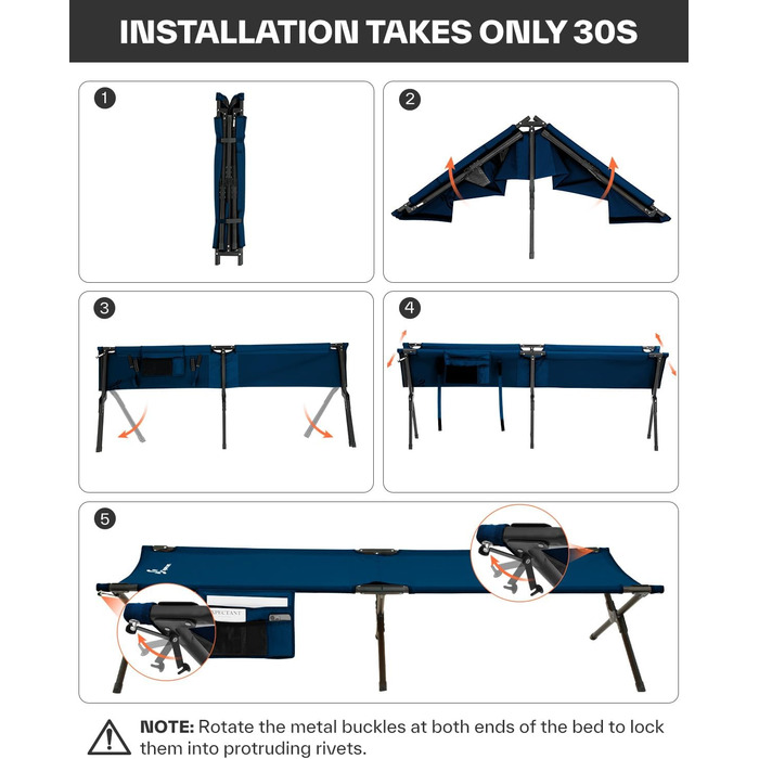 Розкладне ліжко Sportneer для кемпінгу та відпочинку на природі (199x73 см, блакитне)