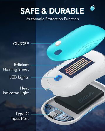 Електричні грілки для рук Cnkeeo, 2 шт. з роздільним магнітним з'єднанням, Powerbank USB, 3 режими нагріву, для активного відпочинку, риболовлі, полювання, чорно-білі (блакитні)