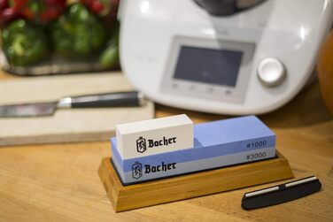 Преміум точильний камінь Bacher. Двобічний, зернистість 400/1000. Точило для ножів з антиковзним бамбуковим блоком, камінь для заточування, допоміжний інструмент для заточування та детальна інструкція у форматі eBook.