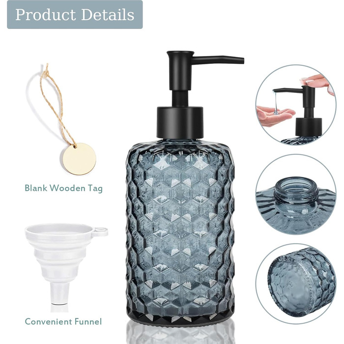 Скляний дозатор для мила 500 мл з хвильовим дизайном для ванної кімнати та кухні, з чорною пластиковою помпою, дерев'яними етикетками та воронкою (вугільно-блакитний)