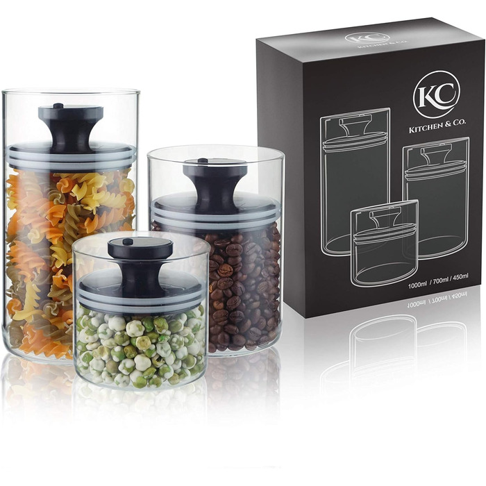 Набір контейнерів для кави Kitchen&CO. (3 шт.) з вакуумним кришками, скляні, BPA-free, з боросилікатного скла
