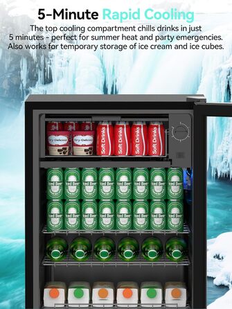 Холодильник для напоїв Devoko 93L з скляними дверцятами та LED-підсвіткою. Регульовані полиці для колі, пива та вина. Чорний колір, ідеально для дому та офісу.