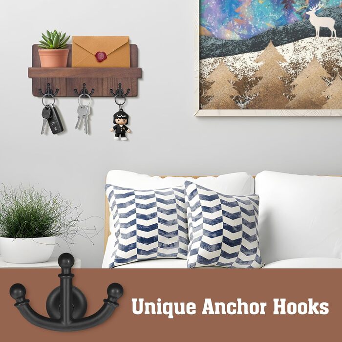 Дерев'яне ключниця з полицею та 6 гачками, ключниця на стіну для прихожей, коридору, кухні (Колір: Коричневий)