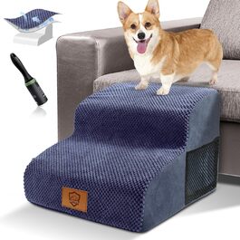 Dog Stairs for Small Dogs, 4 Steps Pet Stairs made of Foam with Waterproof Cover, Removable Dog Ramp Cat Stairs for Sofa Bed, Send 1 Fusselrollen (2 Step Blue Dog Stairs)