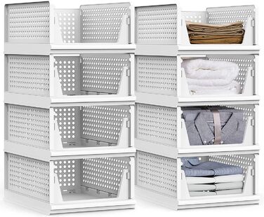 5 Foldable Plastic Storage Boxes, Drawer Box, Stackable Closet Organizer, Shelf Storage Box, Shelf Baskets Closet, Stackable Drawer Storage Boxes, for Kitchen Bedroom, White (8 Pieces L)
