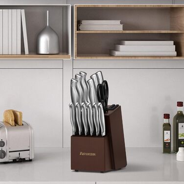 Astercook 15-Piece Kitchen Knife Set with Block - Stainless Steel, Sharpening Built-in, Dishwasher Safe
