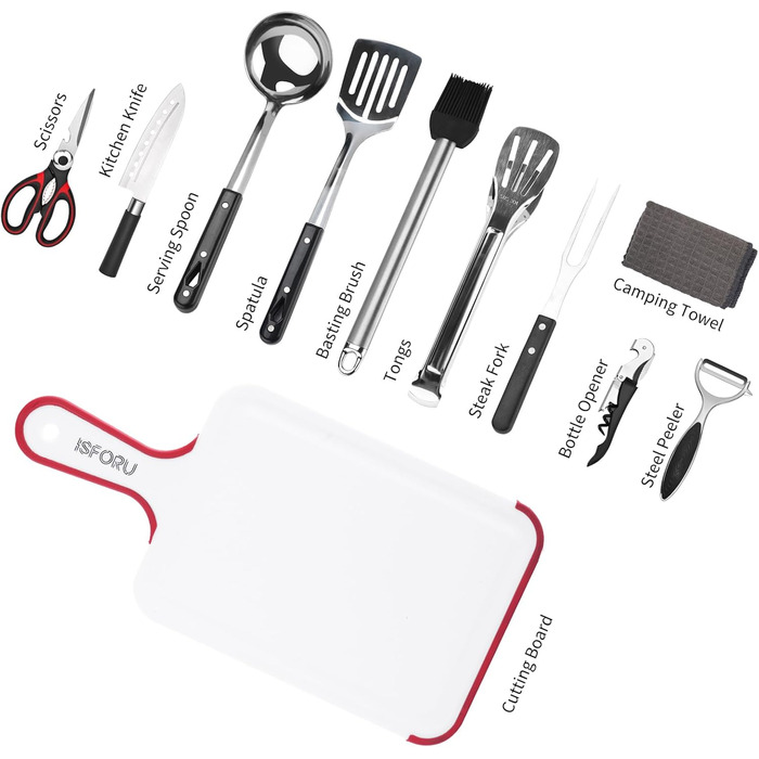 Набір кухонного приладдя для кемпінгу ISFORU 12шт: сковорода, ніж, лопатка, щипці, шумовка, дошки для нарізання. Чорний колір. Ідеально для пікніків, подорожей та походів