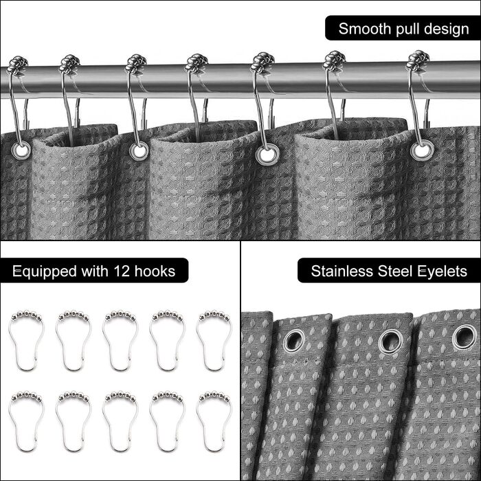 Шторка для душу Waffel сірого кольору 183x198 см - текстильна, з поліестеру, з магнітною фіксацією та 12 кільцями, непрозора та водовідштовхувальна для ванної кімнати, сіра, 1 шт.